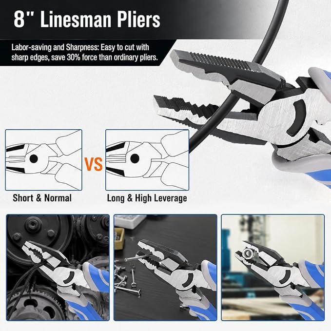 COMOWARE 8Pcs Pliers Set, 12", 10", 8" Groove Joint Pliers, 8" Adjustable Wrench, 8" Linesman, 6" Long Needle Nose, 6" Slip Joint, 6" Diagonal, Roll-Up Pouch Organizer, Rust-proof Black Oxide Coating