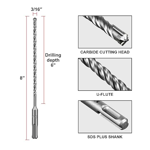 SALI SDS Plus Rotary Hammer Drill Bit 10 Pcs 3/16"*8" Concrete Drill Bit Kit Cross-Type Double Thread Carbide Material Suitable for Concrete, Brick, Cement Walls, Stone, Hammer Drill Bits for Concrete