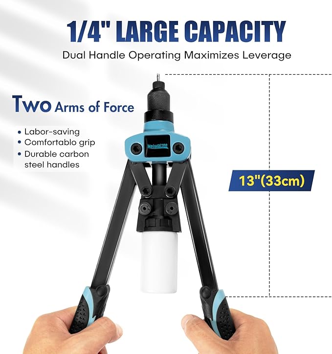 13" Rivet Gun, 1/4 Pop Rivet Gun with 100 Pcs Rivets, Manual Hand Heavy Duty Riveter with 5 Nosepieces for Plastic Metal,Aluminum, Plastic, Tube Stock,Gutter & Automotive.