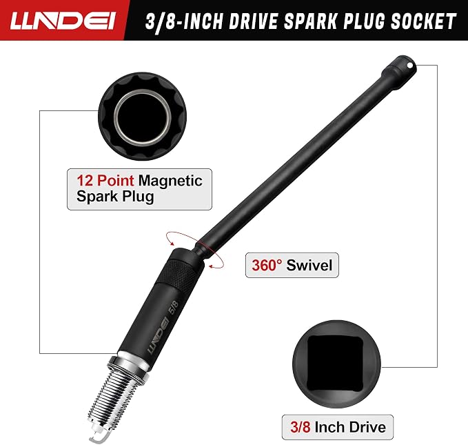 LLNDEI 3/8-Inch Drive Magnetic Swivel Spark Plug Socket Set 12Pcs | 14MM 4-inch, 5/8-inch, 9/16-inch 6-inch,3/16-inch 11-inch, multiple common sizes match most spark plugs