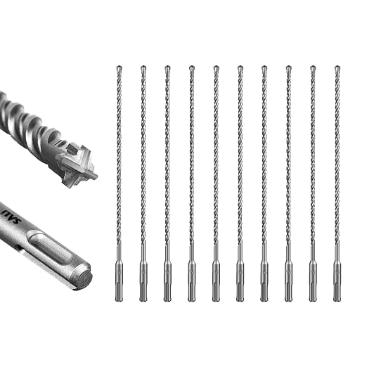 SALI SDS Plus Rotary Hammer Drill Bit 10 Pcs 1/4"*12" Concrete Drill Bit Kit Cross-Type Double Thread Carbide Material Suitable for Concrete, Brick, Cement Walls, Stone, Hammer Drill Bits for Concrete