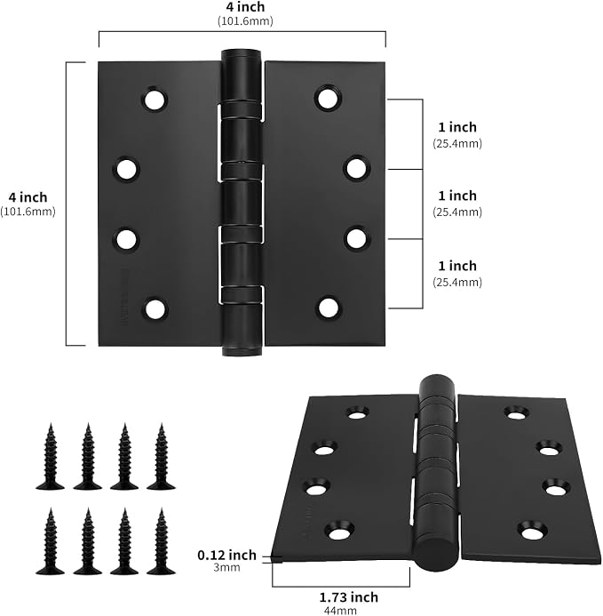 6 Pack goldenwarm Matte Black 4inch Door Hinges for Exterior Doors Ball Bearing Door Hinges with Square Corners, Heavy-Duty, 304 Stainless Steel
