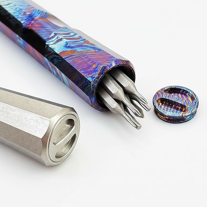 Mini Titanium EDC Pocket Screwdriver with 7 Bit Storage, 81mm / 3.19in Magnetic Precision Hex Driver Tool, Portable Polygon Everyday Carry Tool (Titanium Stonewash)