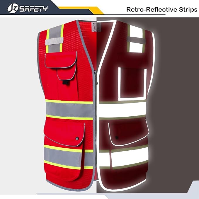 JKSafety 9 Pockets Hi-Vis Neon Red Zipper Front MESH Safety Vest with Fluorescent Yellow Extend Edge outlining the Reflective Tapes Meet ANSI/ISEA Class 2 Standard (100-Red, 4X-Large)