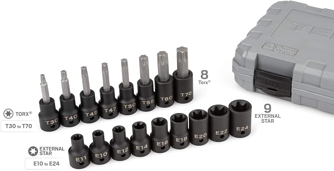 TEKTON 1/2 Inch Drive Torx and External Star Impact Socket Set | SKT25801
