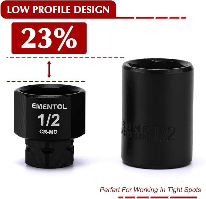 EMENTOL 10-Piece 1/4" Drive Stubby Impact Socket Set, SAE | 3/16"-9/16" Low Profile Sockets, 12mm Base Hex, CR-MO, Compact Design for Tight Access