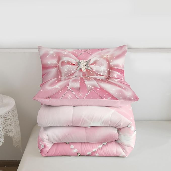 Feelyou Pink Bowknot Comforter Set Queen Size Glitter Bow Bedding Set for Kids Boys Girls Dreamy Princess Duvet Quilt Bedroom Decor Microfiber 3 Pcs with 2 Pillow Cases