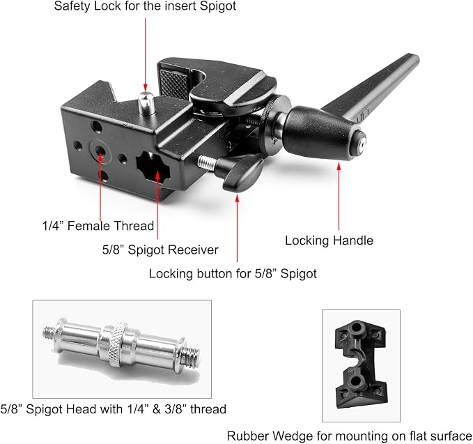 PHOCUS Super Clamp with 5/8" Stud, Spring Lock, 2.1" Jaw Grip, 2 Pack