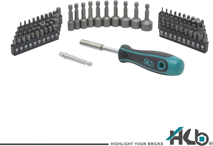 HB 112-Piece Magnetic Nut Driver & Bit Set KKM002-U, Phillips Pozi Slotted Hex Star Square Spline Tri-Wing Torq Clutch Bits, Magnetic Holder, Socket Adapter, Screwdriver Handle, Case, Made in Taiwan