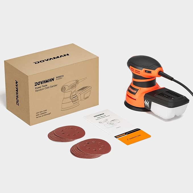 DOVAMAN ROS01A Orbital Sander, 3A Random Orbit Sander, 6 Variable Speeds, Up to 13000 rpm, 12pcs Sandpapers, 5in Sanding Pad, Dust Collection, Electric Tool Perfect for Woodworking