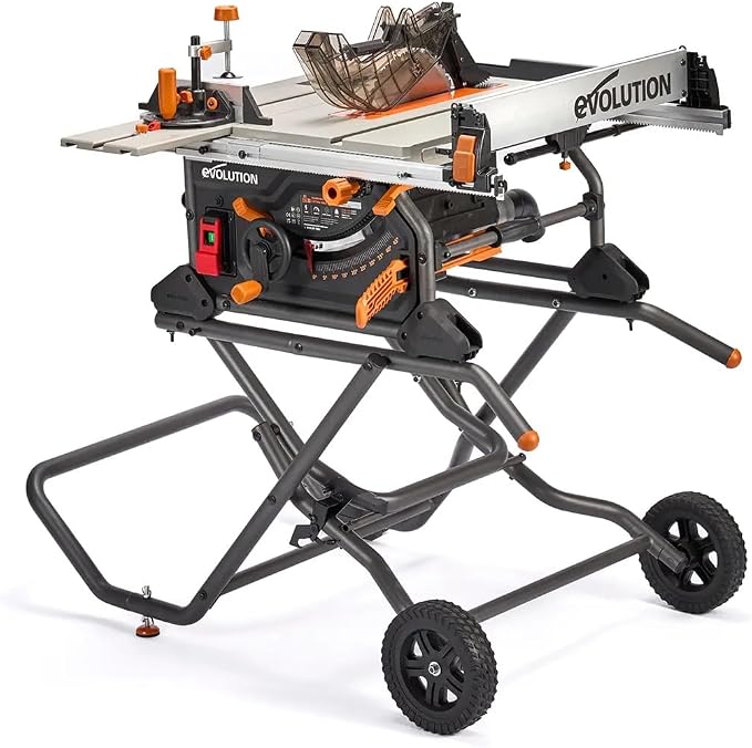 Evolution R10TBLX 10" Jobsite Table Saw with Wheeled Stand | Zero-Clearance Throat Plate | Dado Plate Included | 15A Motor | 26” Rip | 3-3/8” Cut | 0-45° Bevel | Precision Fence | Heavy Duty Portable