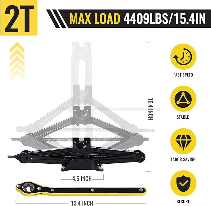 Car Jack Kit, Scissors Jack car, Max 2 ton (4,409 lb) Capacity, tire Jack Tool kit, Power Saving Ratchet Handles, Steel Scissors for tire Wrenches only, for Emergency use only