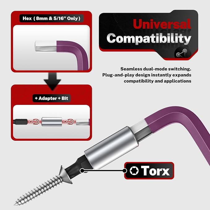 TOMMARS 18-PC Magnetic Ball End Allen Wrench Set, Extra Long & Color Coded | Extra Long Arm, Color Coded, S2 Steel, SAE(1/16"-3/8"), Metric(1.5mm-10mm), Including Bits & Adapter