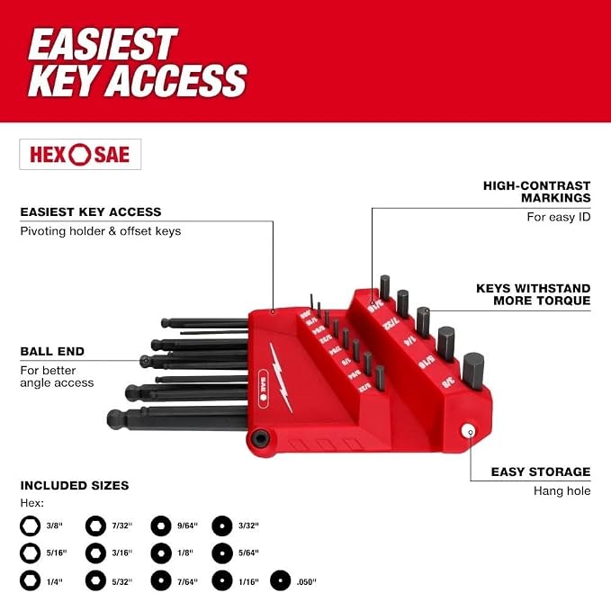 48-22-2187 Hex Key for Milwaukee 22-Key Ball End L-Key Set
