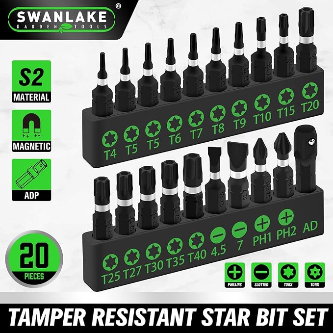 SWANLAKE 20PCS Tamper Resistant Star Bit Set, Torx Bit Set, Impact Grade Security Torx Bits Set, 1/4-inch Hex Shank, S2 Alloy Steel, T4-T40