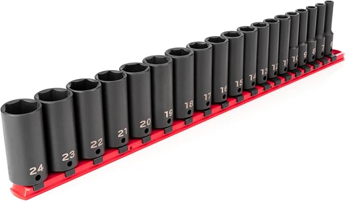TEKTON 3/8 Inch Drive Impact Socket Set, 19-Piece | SID91107 | (6 - 24 mm), Deep, 6-Point, Socket Rail
