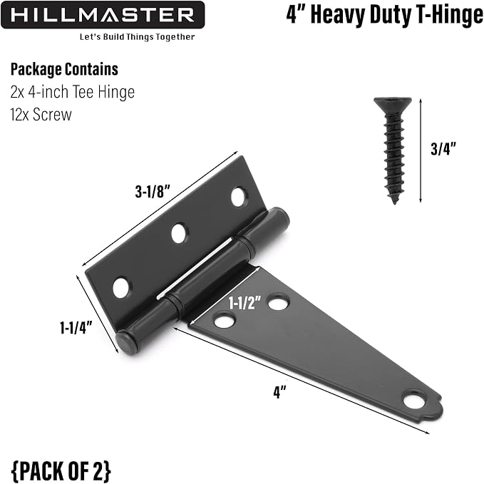 Hillmaster 4 Inch T-Strap Heavy Duty Shed Door Hinges - Black Tee Hinge for Wooden Fences, Shutter, Window, Yard, Barn Door, Outdoor (2 Pack)