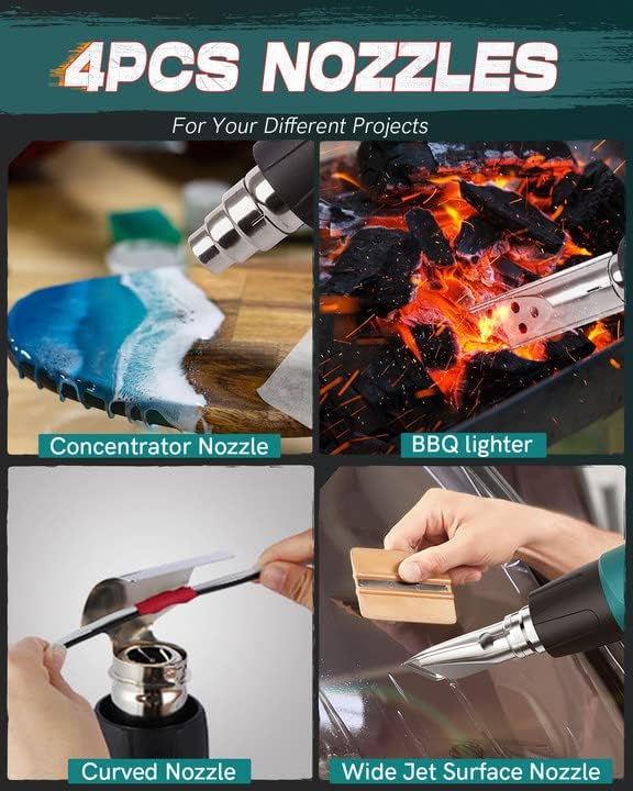 PRULDE Heat Gun, 1500W Dual Temperature Settings 572°F~1112°F Fast Heating Hot Air Gun with 6.5Ft Power Cord/4 Nozzles/Overload Protection for Crafts, Shrink Wrapping/Tubing, Paint Removing(N2190)