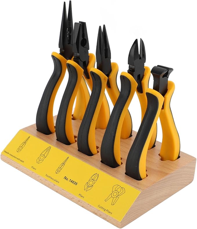 Naroote 5pcs Pliers Set with Wood Pallet, Beech and Metal Watch Repair Pliers Set, Heat Treated Blades, Effort Saving Grip, Wire Cutting for Jewelry Repair Hobby Users