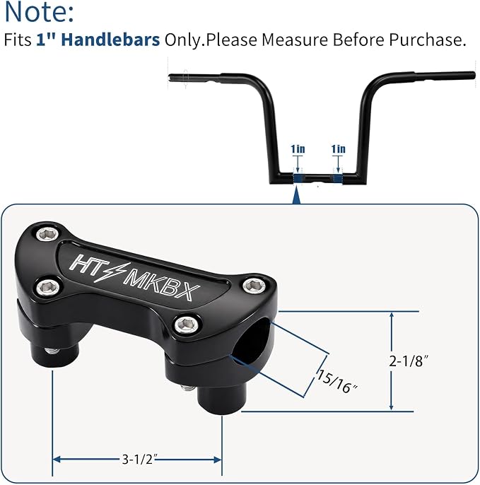 Black 1 inch Handlebar Riser Top Clamp Kit, 7075 Aluminum Bar Riser for 1” Handlebars, Fits Harley Touring Sportster Softail Dyna Models