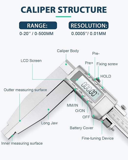 20 Inch Digital Caliper with 6" Long Jaw All-Metal Frame | 0.0005"/0.01mm Inch High Resolution, Large LCD Display, Inch Metric Conversion, Fine Polished Finish, Portable Case