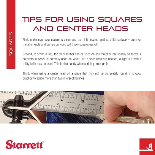 Starrett Steel Combination Square with Square Head and Center Head - 300mm Blade Length, Cast Iron Head, Hardened Steel, Reversible Lock Bolt, Scriber, 36 Graduation Type - 11MEHC-300