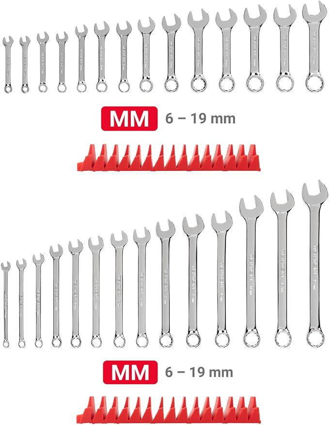 TEKTON Stubby and Standard Combination Wrench Set, 28-Piece | WCB95903 | (6 - 19 mm), Modular Organizers, Chrome Finish