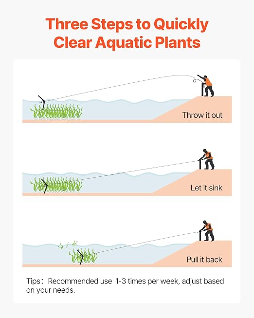 VEVOR Lake Weed Cutter, Pond Aquatic Plant Cutting Tool with 48 in Max. Cut Width, Sharp and Heavy-Duty Steel Blades, Pond Rake with 30 ft Throw Rope, for Cattail, Phragmites, Lilly Pads & Chara