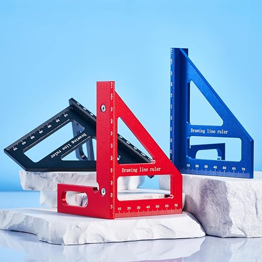 3D Multi-Angle Measuring Tool,45/90 Degree Aluminum Alloy Woodworking Square Protractor, Drawing Line Ruler, Miter Triangle Ruler Layout Measuring Tool for Woodworking (Metric-Black)