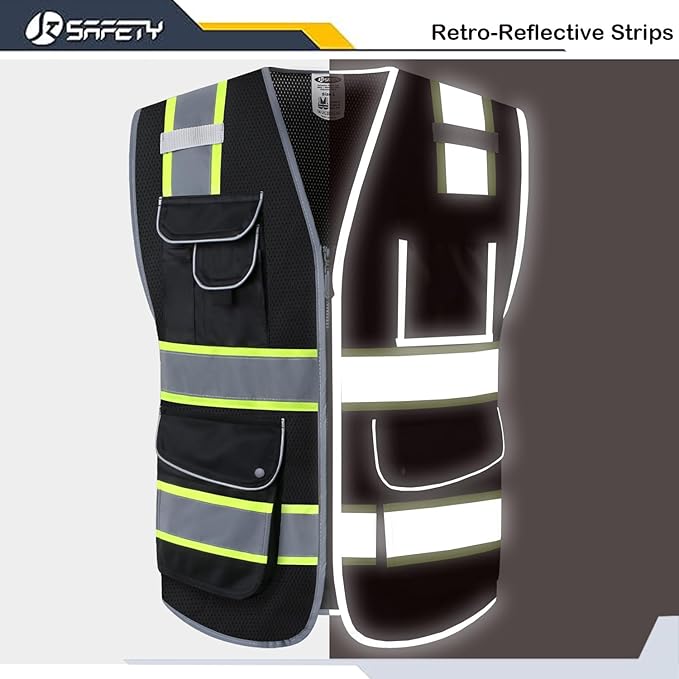 JKSafety 9 Pockets High Visibility Zipper Front MESH Black Safety Vest | Black with Dual Tone High Reflective Strips | ANSI/ISEA Standards (100-Black, M)