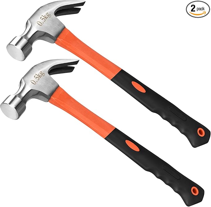 2pcs 16oz Claw Hammer, Straight Rip Claw Hammer, Fiberglass General Purpose Hammer with Smooth Face & Non-slip Grip