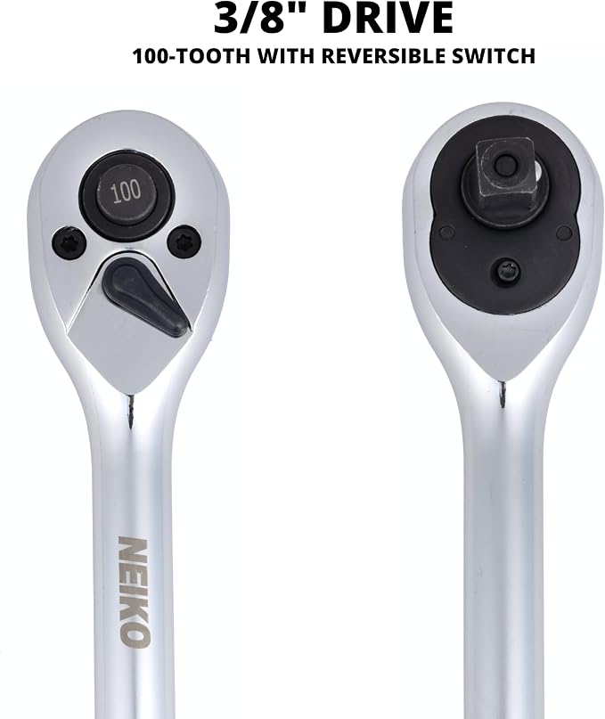 NEIKO 3/8 Inch Ratchet Wrench, 100-Tooth Reversible, 3.6 Degree Swing, Quick Release, 8" Long Handle, Silver Chrome Vanadium Steel