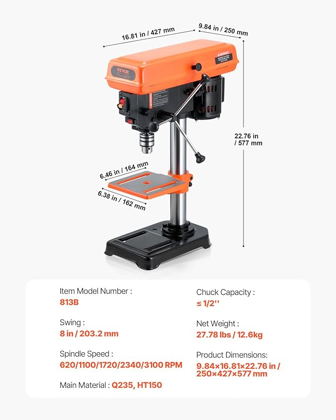 VEVOR 8 in Benchtop Drill Press, 2.5A Induction Motor, Tabletop Drilling Machine with 750/1140 / 1740/2340 / 3200 RPM Adjustable Speed, 0-45° Tilting Worktable, LED Work Light, for Wood Metal