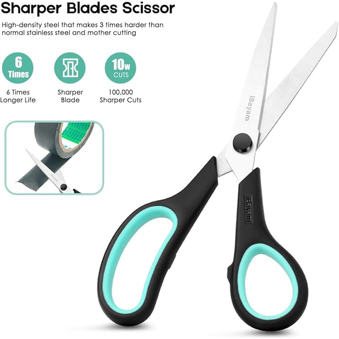 iBayam 3-Pack 8" Heavy Duty Scissors with Ultra Sharp Blades and Comfort Grip Handles - For Office, Home, School, Sewing, and Crafts