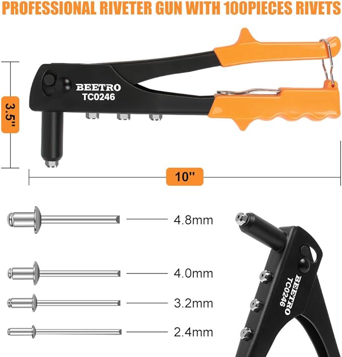 BEETRO Heavy Duty Hand Riveter, Rivet Gun, 3/32"-1/8"-5/32"-3/16", 4 Nosepieces Set Includes 100pcs Rivets, Durable and Suitable for Metal, Plastic and Leather