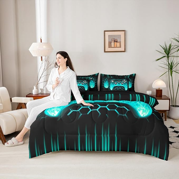 Erosebridal Boys Gamer 7 Piece Comforter Set Full Bed in a Bag Ombre Art Honeycomb Sheet Set Teal Neon Lights Bedding Set Game Consoles Bed Set Geometry Hexagon Beehive Gaming Room Decor