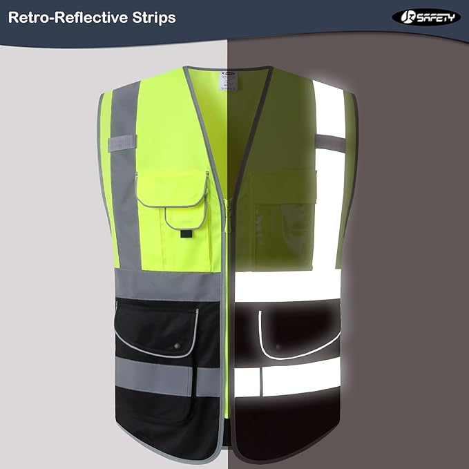 JKSafety 9 Pockets High Visible Reflective Safety Vest Zipper Front Breathable Lining, Yellow-Black Meets ANSI/ISEA Standards(150-Yellow-Black XL