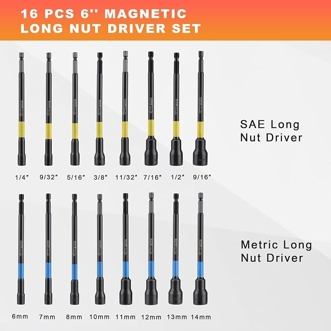 AEROFORCE 16PCS Magnetic Nut Driver Set for Impact Drill, 6 Inch Extra Long Nut Drivers with Sturdy Tool Box, SAE/Metric 1/4" Hex Shank Socket Set for Drill, DIY and Repair Car
