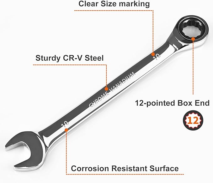 Egofine 10mm Ratchet Wrench, Ratcheting Combination Wrench Metric 10mm Wrench, Industrial Grade Gear Spanner with 12-Point Design, 72-Tooth Ratchet, Chrome Vanadium Steel