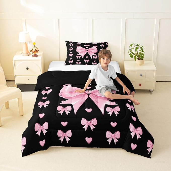 Feelyou Cute Black Pink Bowknot Kids Comforter Set Twin Size Love Hearts Bow Bedding Set Girly Bow Tie Duvet Quilt for Kids Boys Girls Bedroom Decor Microfiber Ultra Soft Breathable