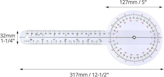 QWORK 12 Inch 360 Degree Goniometer Clear Plastic Protractor, 4 Pack Precise Measurement Ruler with Inch and Centimeter