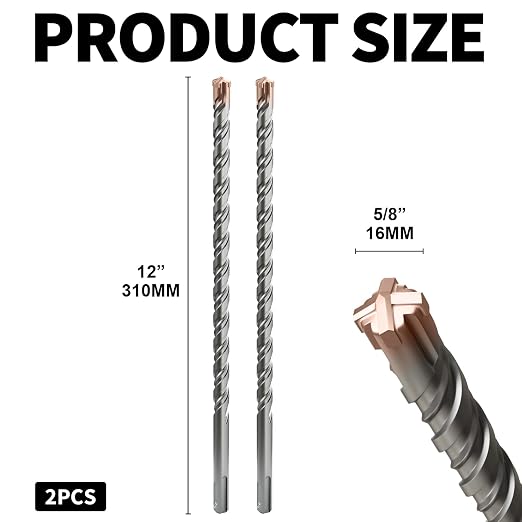 2PCS SDS Plus Rotary Hammer Drill Bits, 5/8"×12"（16mm×310mm） - 4 Carbide Cutting Edges & Coated Head, Ideal for Masonry| Heavy-Duty Masonry |Hammer Drill Bits for Precision Drilling