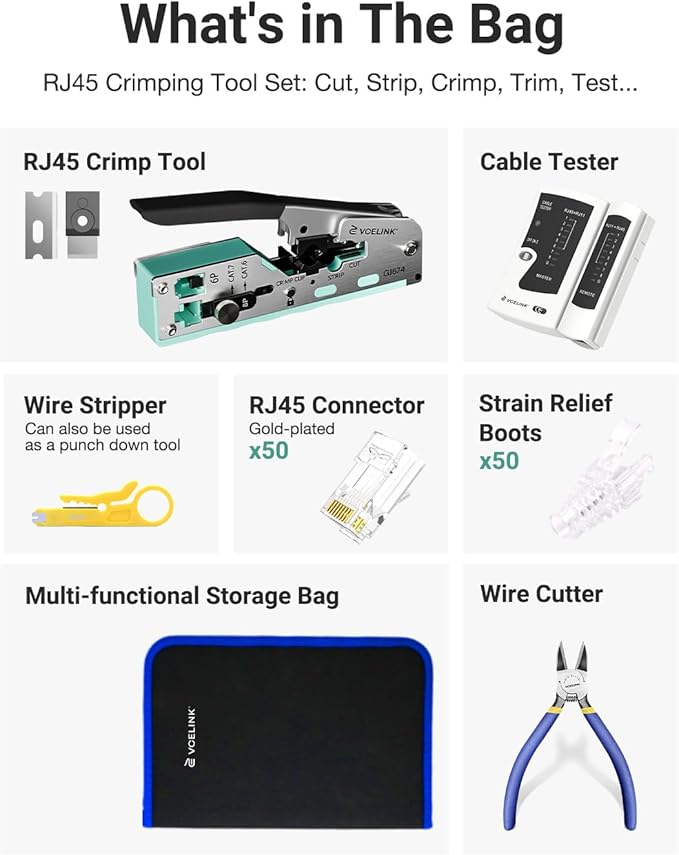 VCELINK RJ45 Crimp Tool Kit for CAT7/6A/6/5E/5, Upgraded Network Tool Set with an Ethernet Crimper, 50 RJ45 Connectors & Boots, Cable Tester, Wire Stripper and Cutter in a Cloth Bag, Green