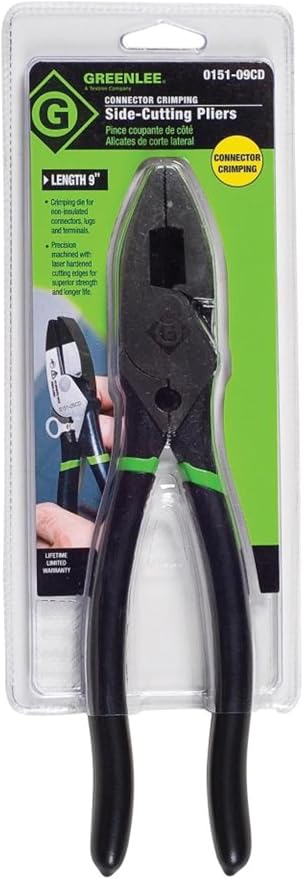 Greenlee 0151-09CD Side Cut Pliers With Crimper, High Leverage, Dipped Grip, 9", Green and Black