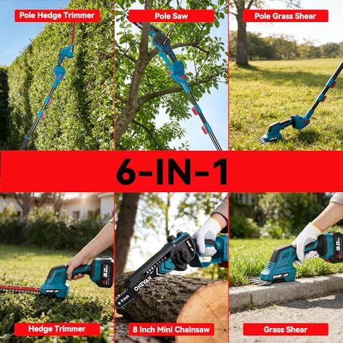ONEVAN 6-in-1 Pole Saw & Hedge Trimmer & Grass Shear, 2×3.0Ah Batteries