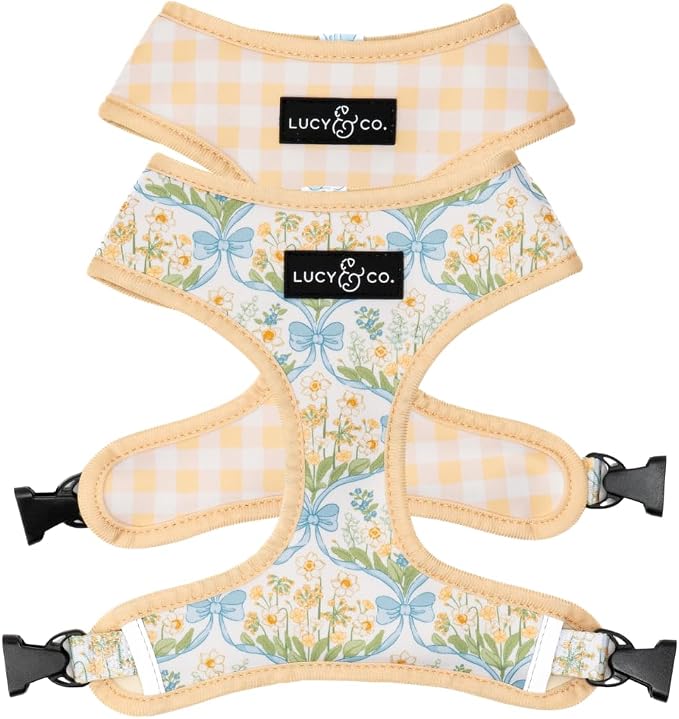 Lucy & Co. Reversible Dog Harness - Water-Repellent Neoprene, Dual-Print Design, Easy Swap Style, Adjustable Comfort Fit - Sunshine Daffodils Reversible Harness - Small