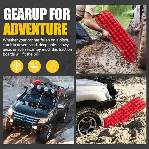 BUNKER INDUST Off-Road Traction Boards, Pair Recovery Tracks Traction Mat for Jeep Mud, Sand, Snow Traction Pads-Red Emergency Tire Traction Device (Gen 10th)