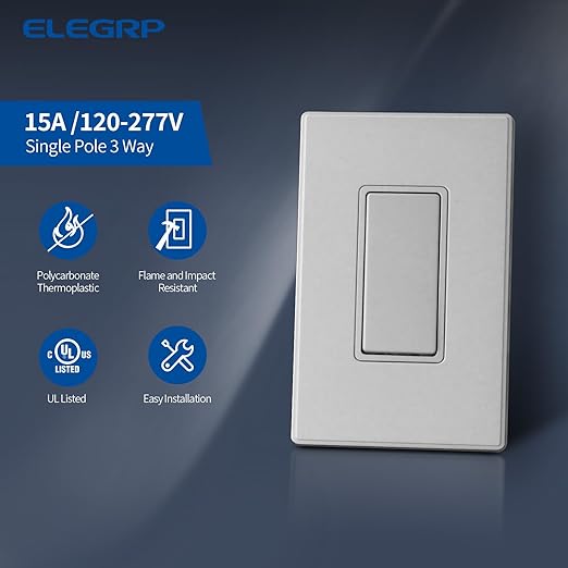 ELEGRP Matte Gray 3 Way Decorator Light Switch, 15A 120-277V, Paddle Rocker Switch Replacement, On/Off Wall Switch, Self-Grounding, Residential Grade, with Mid Wall Plate, UL/CUL, 5 Pack
