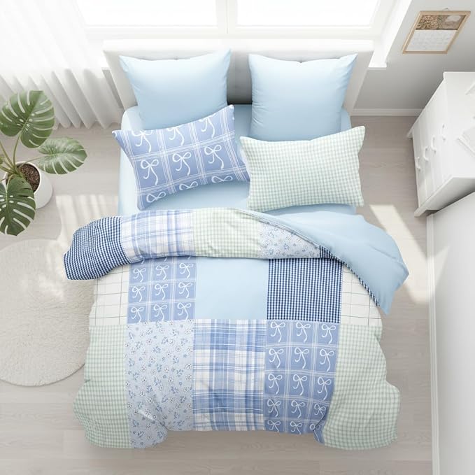 Sedefen Blue Plaid Duvet Cover Queen Size Gingham Bedding Set Kids Boys Girls Checked Bowknot Floral Spring Aesthetic Chic Soft Breathable Bedding Set 3 Pcs with 2 Pillowcases