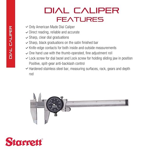 Starrett Dial Caliper - Precision Measurement, Durable Stainless Steel - Black Color Dial, 0-6 Inches Range, .001 Inches Graduations, 1-1/2 Inches Dial Diameter - B120A-6